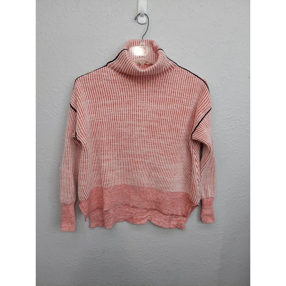 Soft Surroundings Selene Sweater Women Medium Pink Ribbed Turtleneck Black Pipe‎